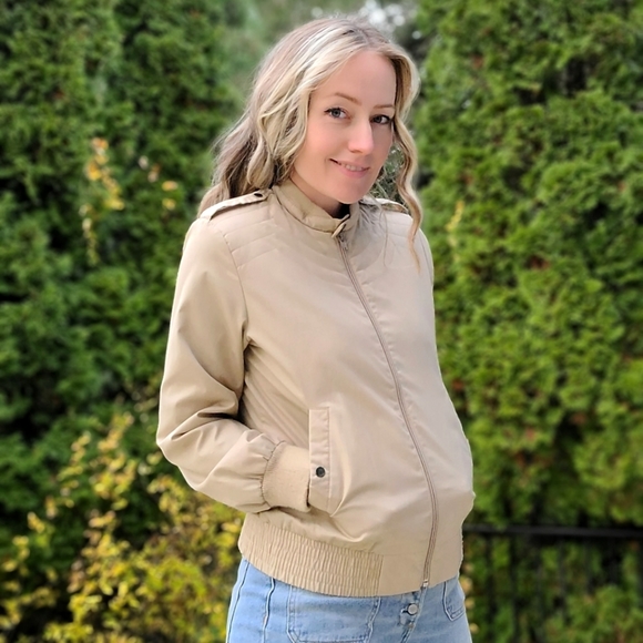 Vintage 80s Mod Tan Jacket w/ Shoulder Straps Cool Stitching Mock Neck Bomber S - Picture 7 of 14